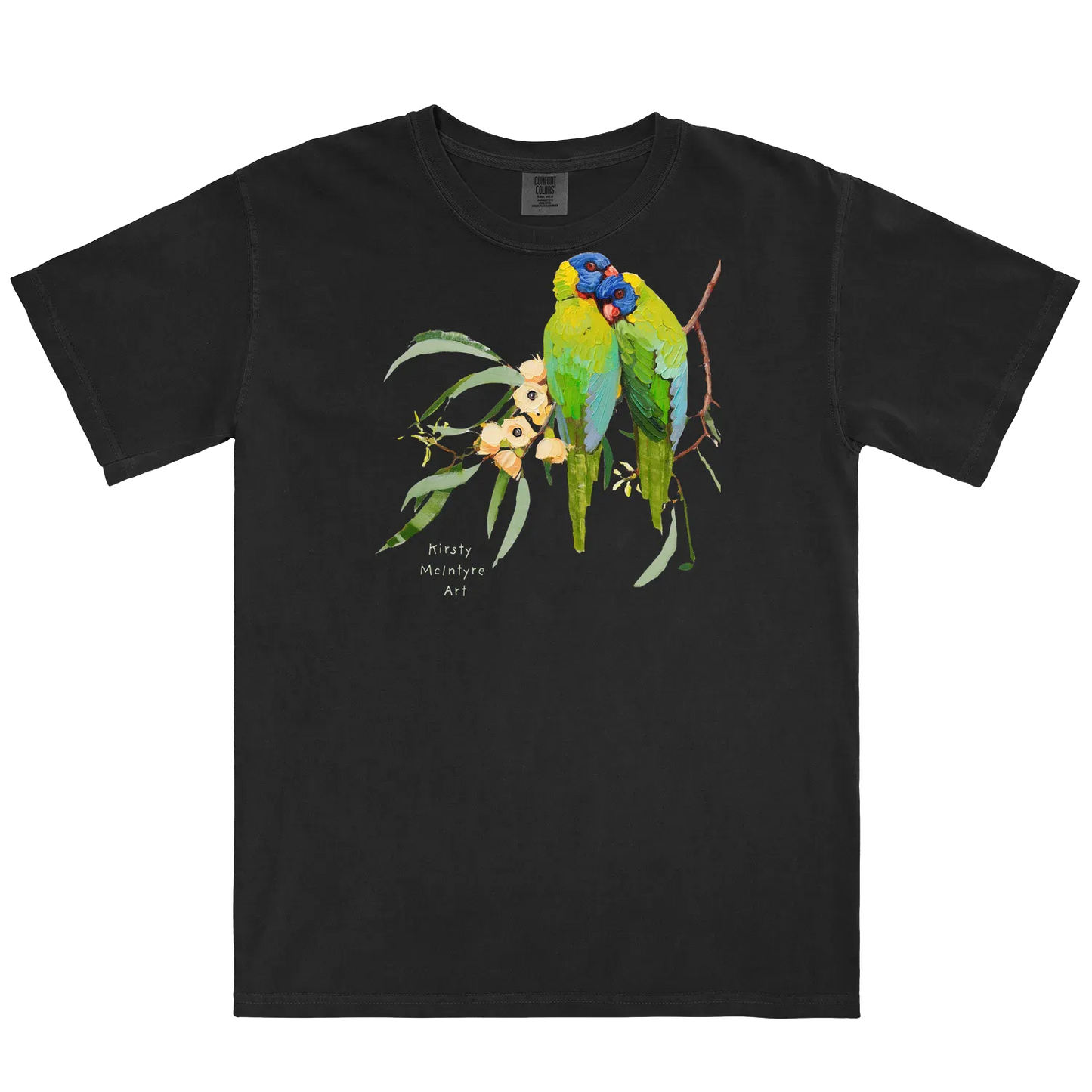 Black front flat lay featuring original rainbow lorikeets cuddling on gum blossom graphic design by Australian artist, Kirsty McIntyre