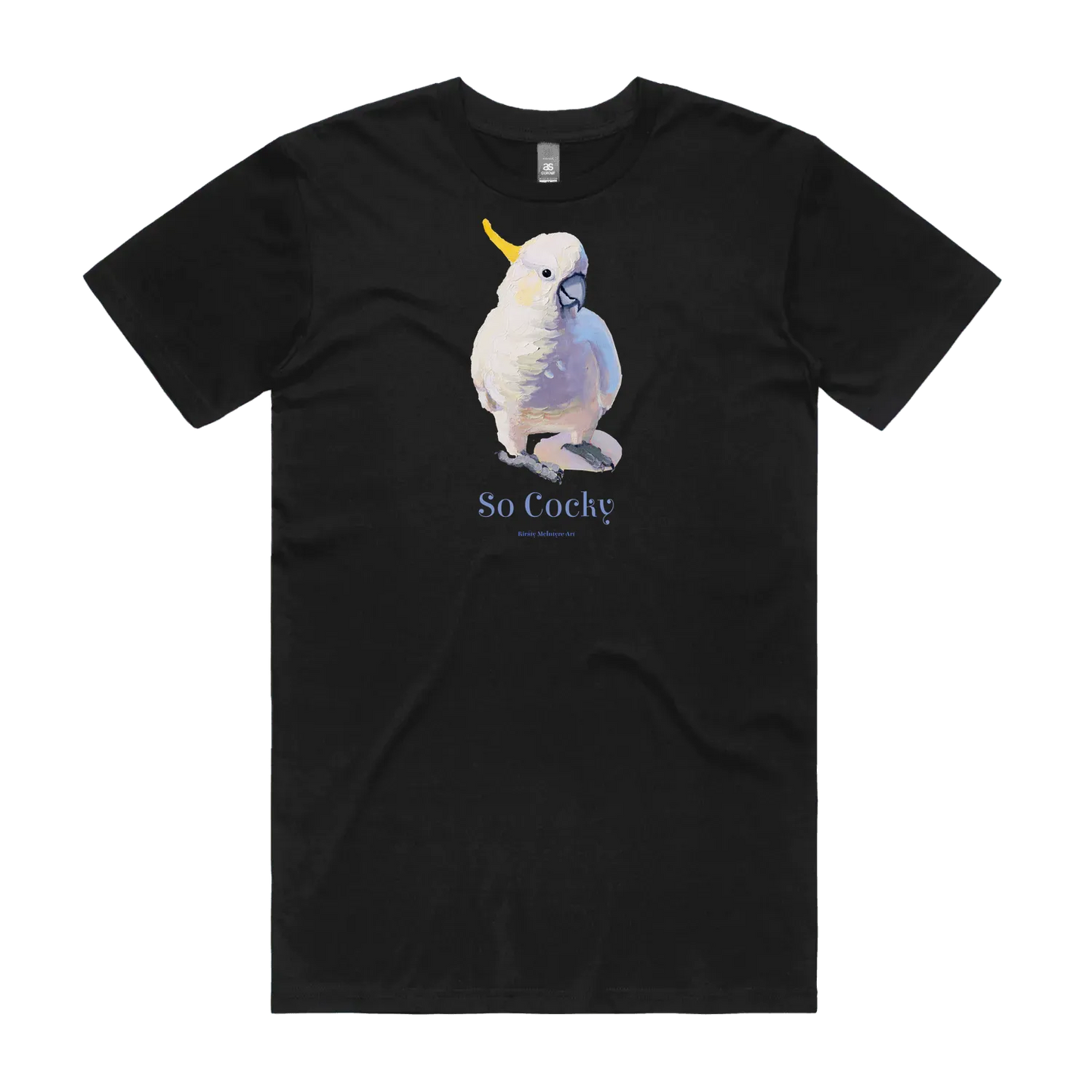 Black front flat lay of a mens tshirt featuring an original Australian bird cockatoo graphic by popular bird artist, Kirsty McIntyre and the cheeky slogan "so cocky"