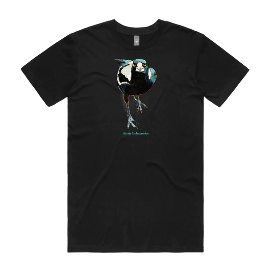 Black front flat lay. Unisex/mens fierce Australian magpie staple tee t-shirt with staring eyes; design by Australian magpie bird lover and artist Kirsty McIntyre