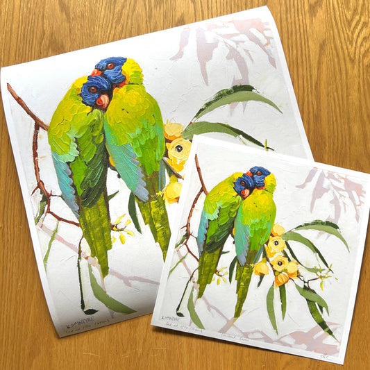 Lorikeet lovers; two sizes; 30 and 45cm limited edition prints on paper. Unframed.