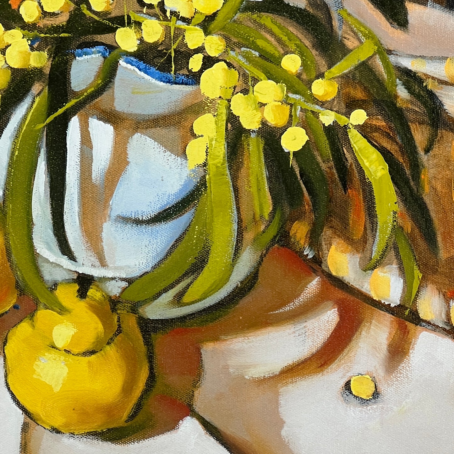 "Wattle, Pears and orange stripe"; Limited edition print; 50cm image on 55x57cm paper. Unframed.