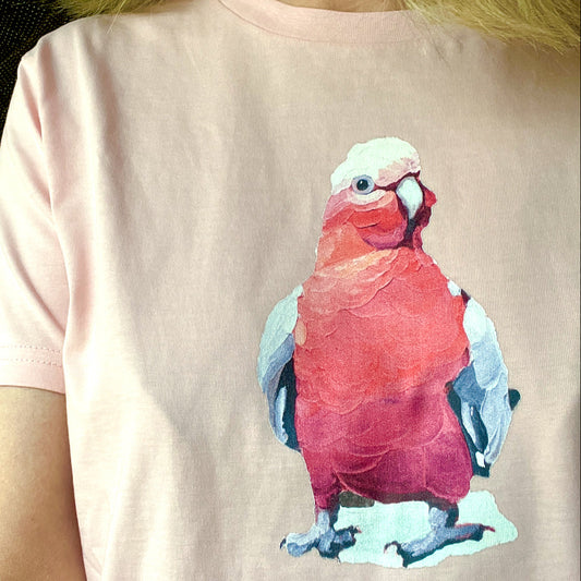 tshirt with original art galah design by Kirsty McIntyre australian artist native bird