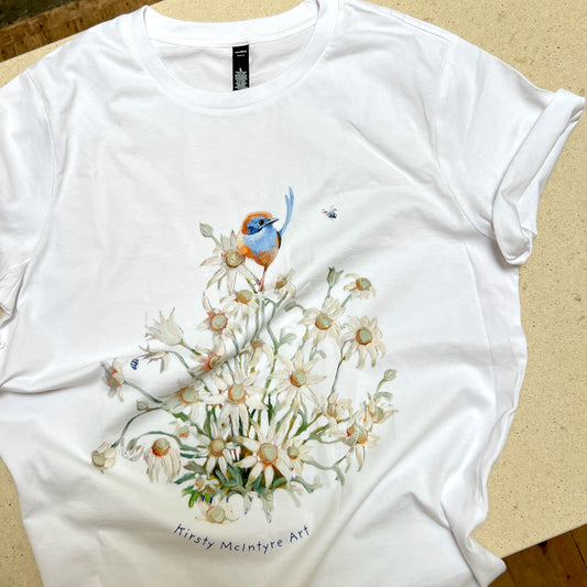 womens maple tshirt featuring an emu blue wren with flannel flowers in an original design by bird lover and artist Kirsty McIntyre Art