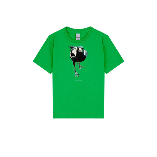 Irish Green front flat lay tshirt featuring australian fierce native magpie bird