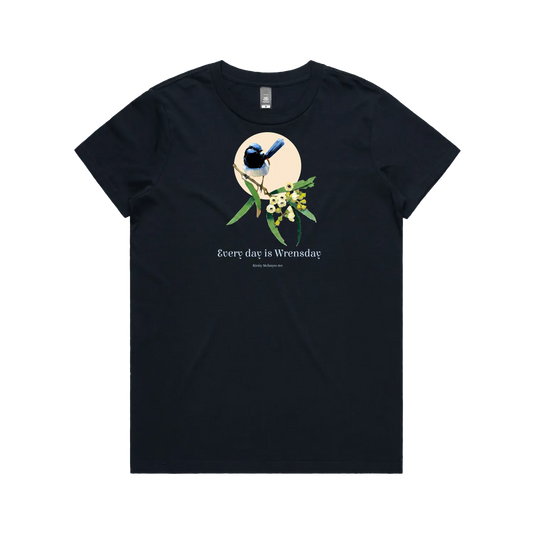 Navy front flat lay tee tshirtblue wren superb Bird perched on a branch with flowers and leaves on a light pink background, featuring the text 'Every day is Wrensday'. original design by Kirsty McIntyre