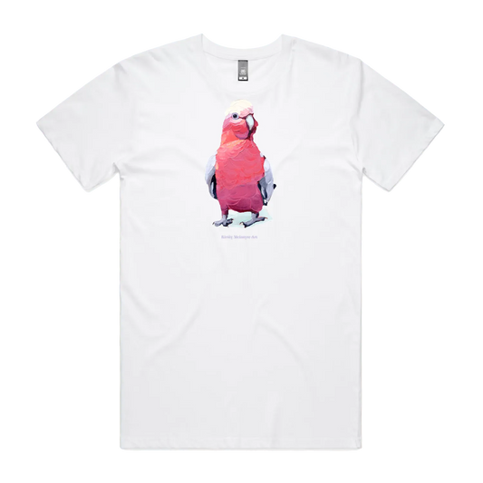 White front flat lay of an original galah design pink australian bird by Kirsty McIntyre artist