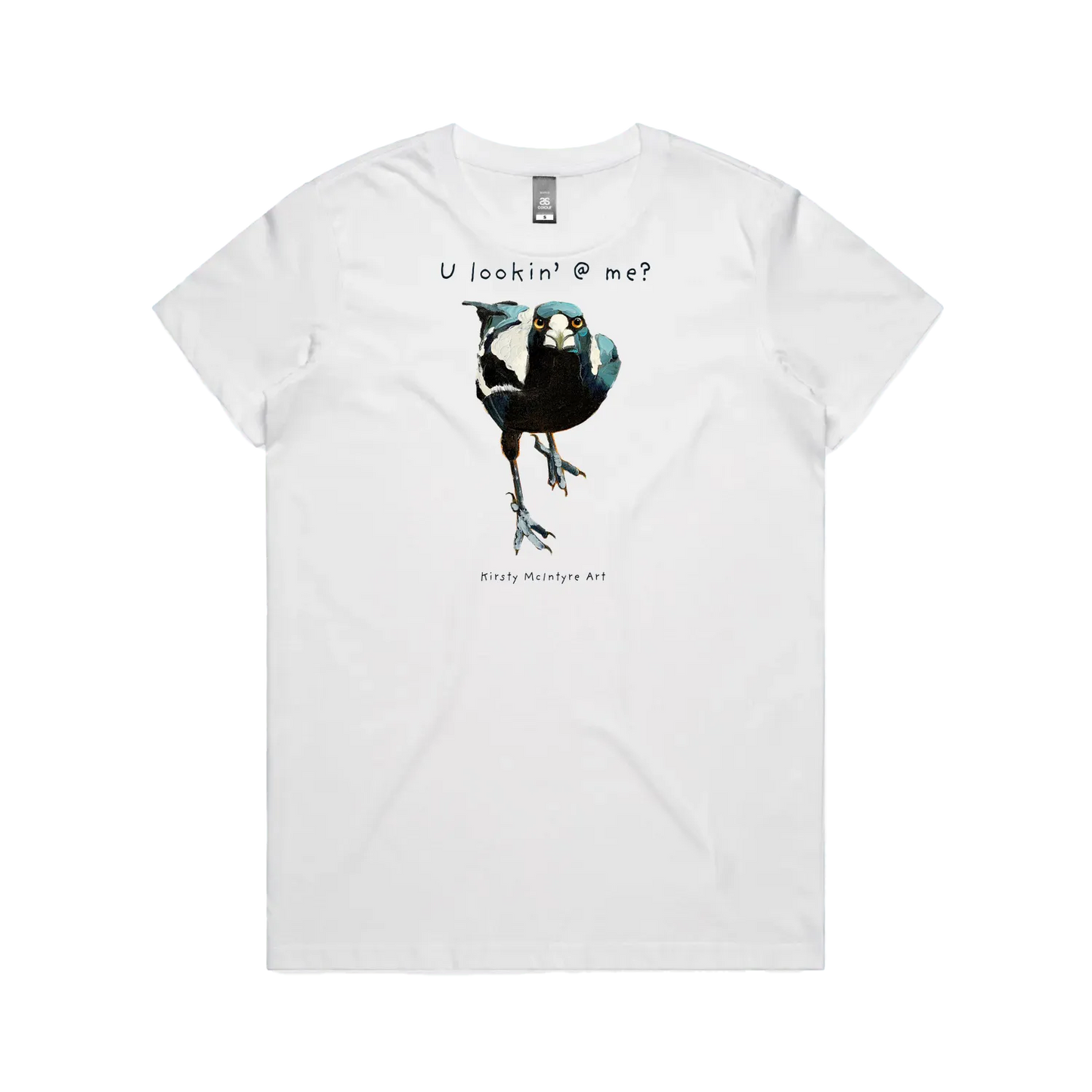 White front flat lay featuring an original magpaie graphic by Australian bird artist, Kirsty McIntyre