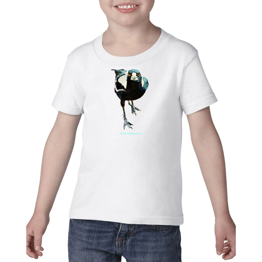 White front australian native bird magpie tshirt tee for toddlers original design by Kirsty McIntyre independent artist