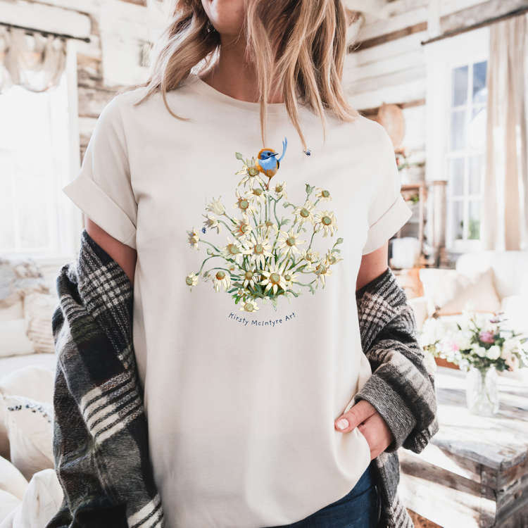 girl wearing a blue wren and flannel flower tshirt in an original design by Kirsty McIntyre