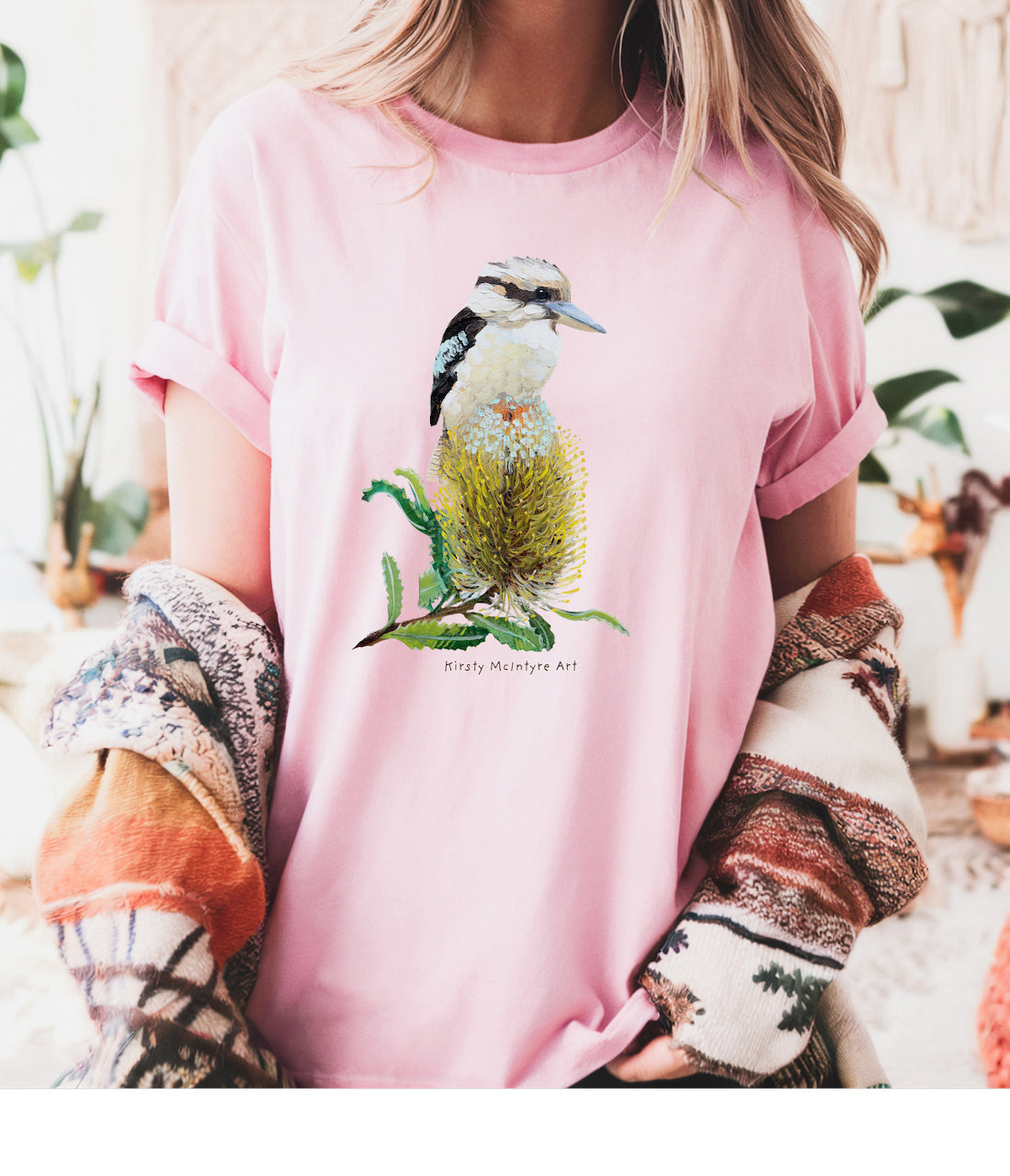 woman wearing a kookaburra banksia tshirt