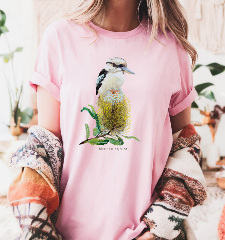 banksia kookaburra tshirt graphic by Australian artist, Kirsty McIntyre
