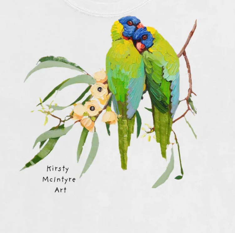 australian native rainbow lorikeet design designed by kirsty mcintyre, available on t-shirts and tote bags