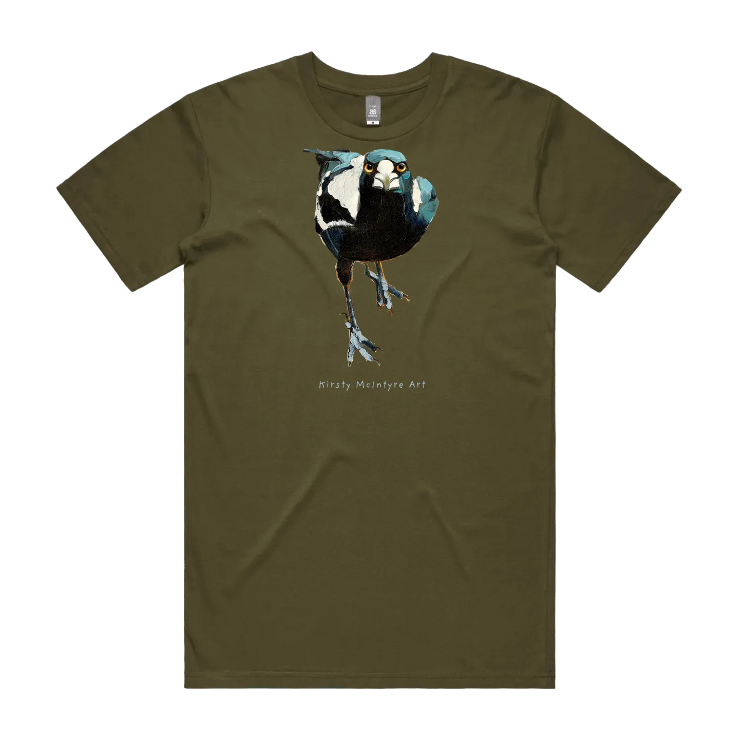 Army front flat lay featuring an australian fierce staring magpie design by Kirsty McIntyre Art