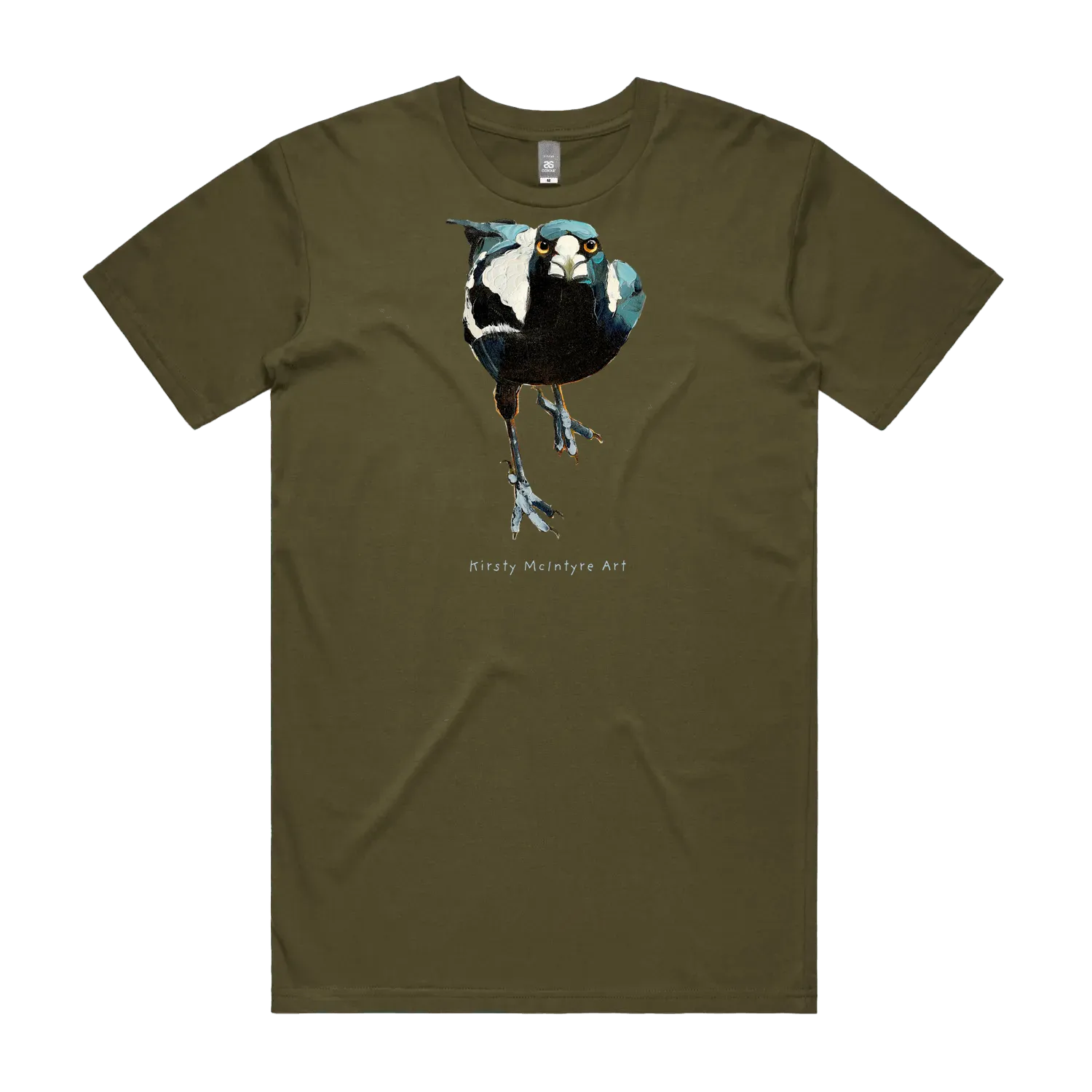Army front flat lay featuring an australian fierce staring magpie design by Kirsty McIntyre Art