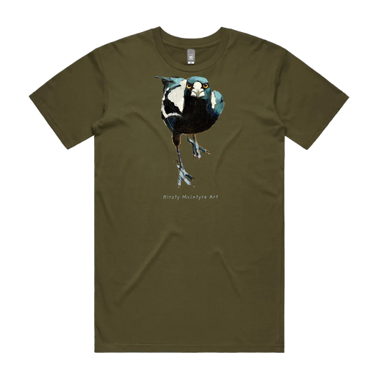 Army front flat lay featuring an australian fierce staring magpie design by Kirsty McIntyre Art