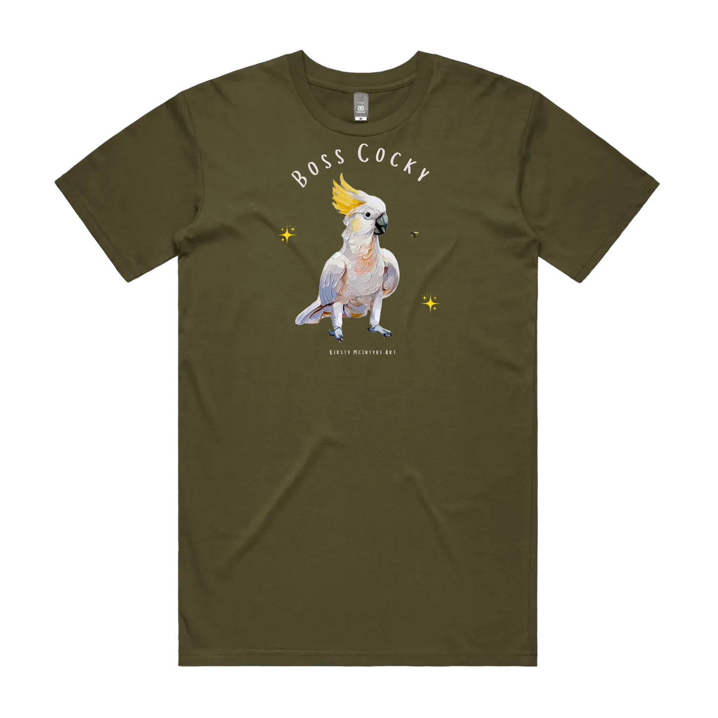 Army front flat lay t-shirt with a parrot graphic and text 'Boss Cocky' Original cockatoo tshirt design by artist, Kirsty McIntyre, australian.
