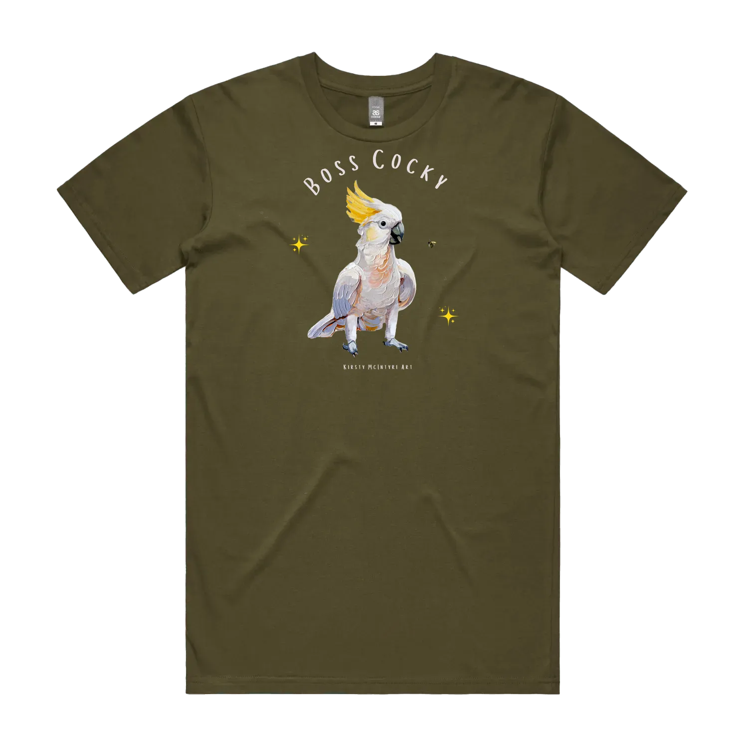 Army front flat lay t-shirt with a parrot graphic and text 'Boss Cocky' Original cockatoo tshirt design by artist, Kirsty McIntyre, australian.