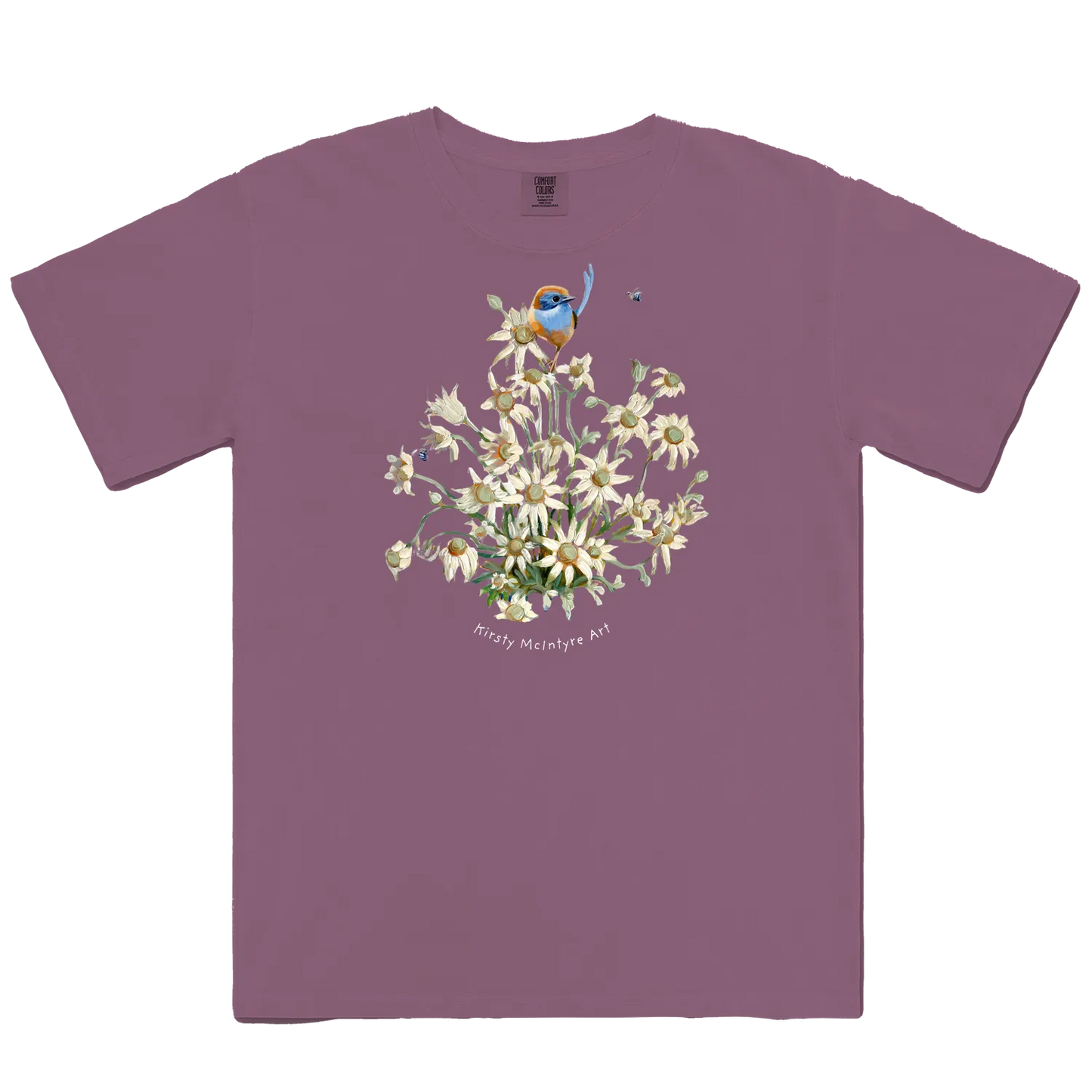 Berry front flat lay featuring a blue wren with flannel flowers original design by Kirsty McIntyre art