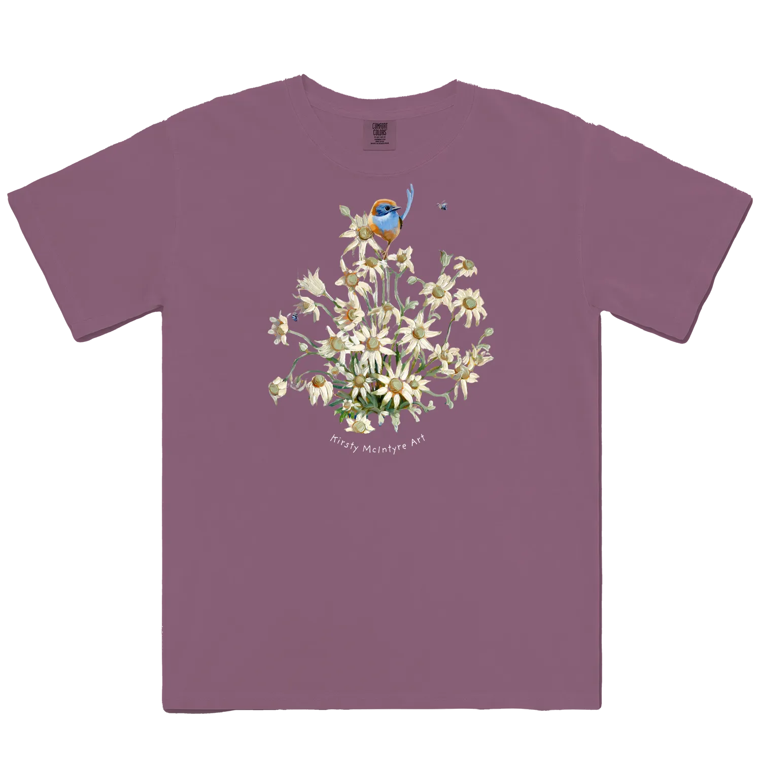 Berry front flat lay featuring a blue wren with flannel flowers original design by Kirsty McIntyre art