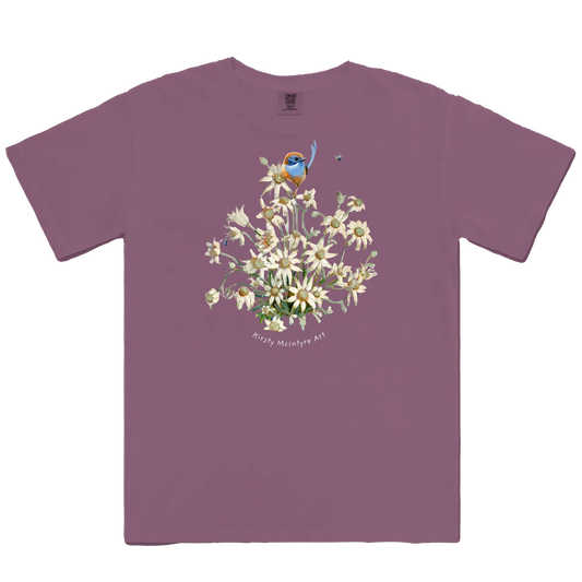 Berry front flat lay featuring a blue wren with flannel flowers original design by Kirsty McIntyre art