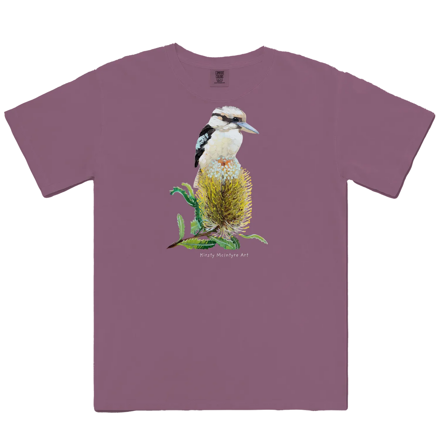 Berry front flat layf eaturing original australian bird artwork graphic by Kirsty Mcintyre, of a kookaburra perched on a banksia