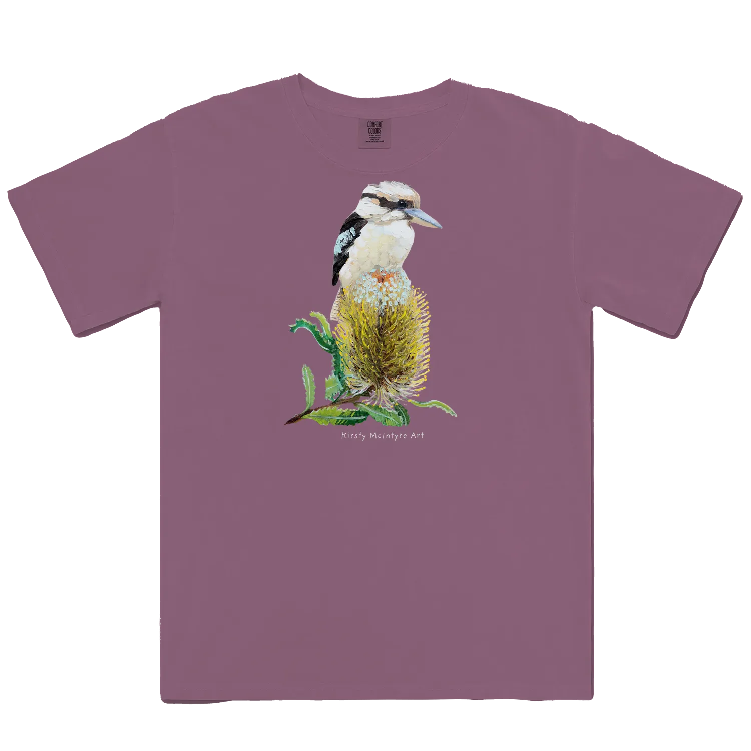 Berry front flat layf eaturing original australian bird artwork graphic by Kirsty Mcintyre, of a kookaburra perched on a banksia