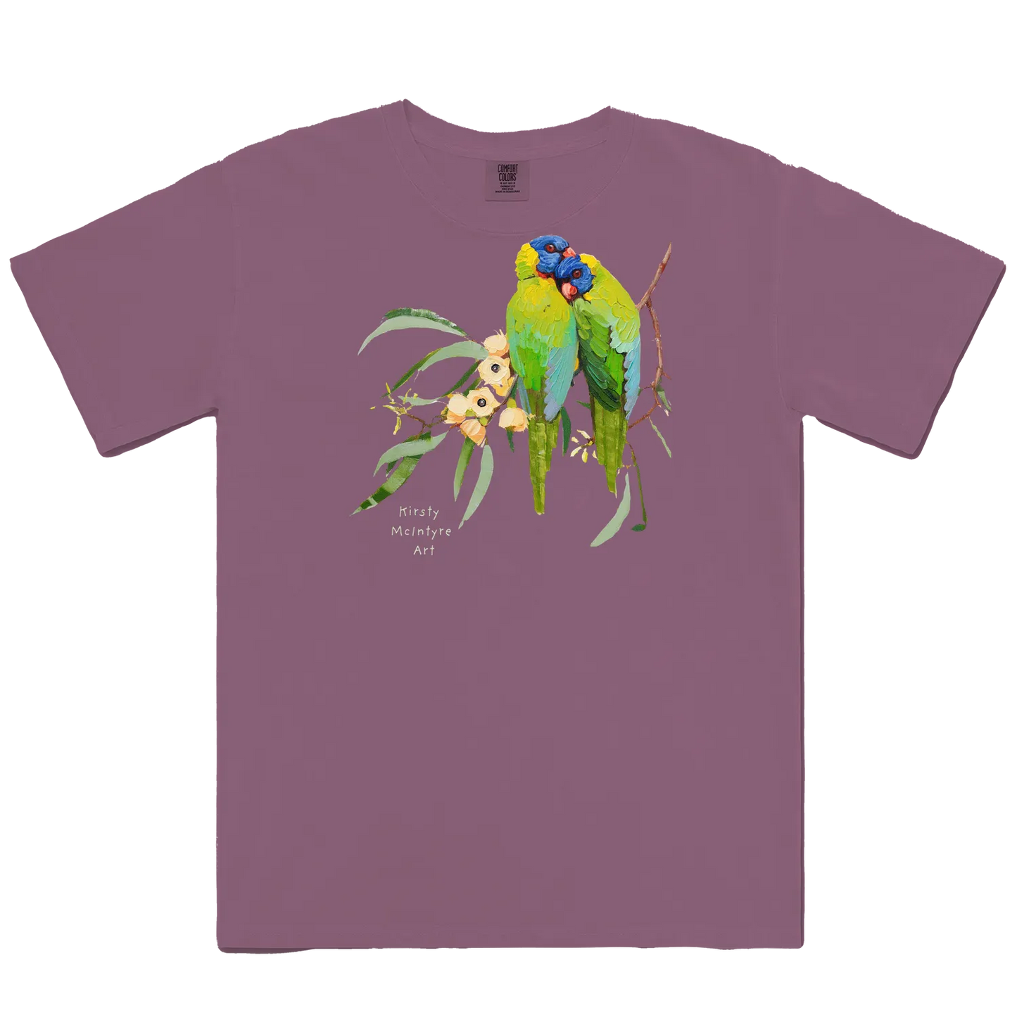 Berry front flat layfeaturing two rainbow lorikeets cuddling with some creamy coloured gum blossom in an original design by Australian bird lover and artist, Kirsty McIntyre