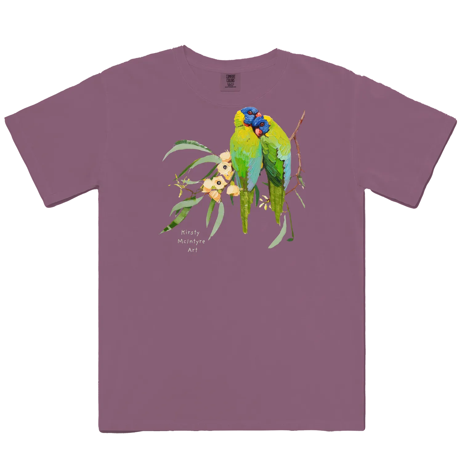 Berry front flat layfeaturing two rainbow lorikeets cuddling with some creamy coloured gum blossom in an original design by Australian bird lover and artist, Kirsty McIntyre