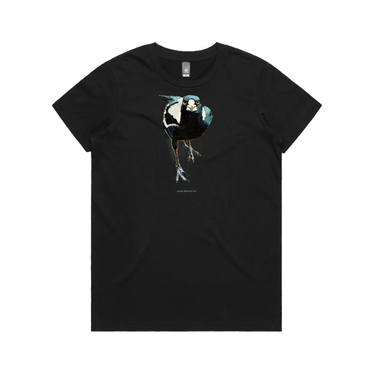 Black front flat lay of an original fierce magpie desing by australian artist, Kirsty McIntyre