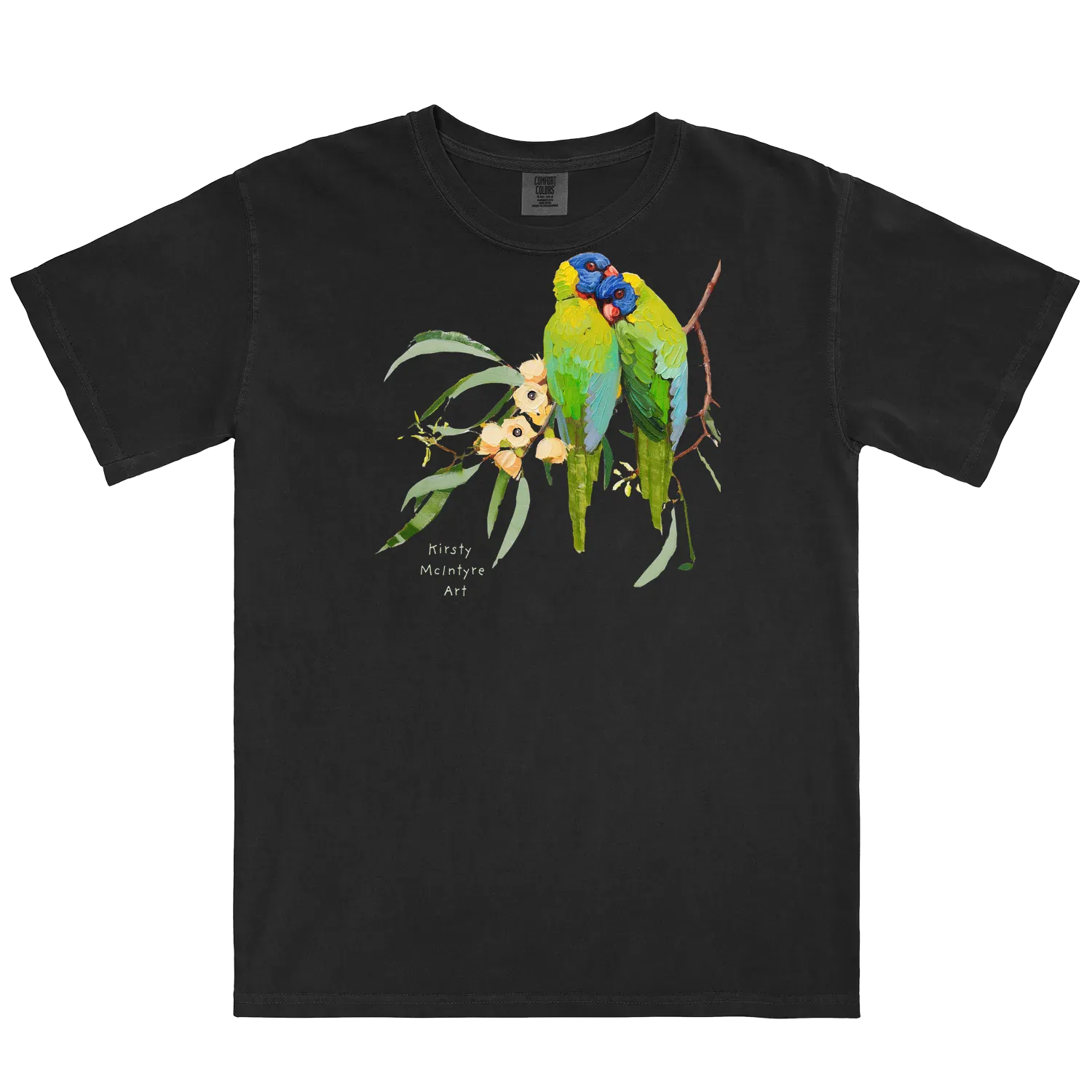 Black front flat lay featuring original rainbow lorikeets cuddling on gum blossom graphic design by Australian artist, Kirsty McIntyre