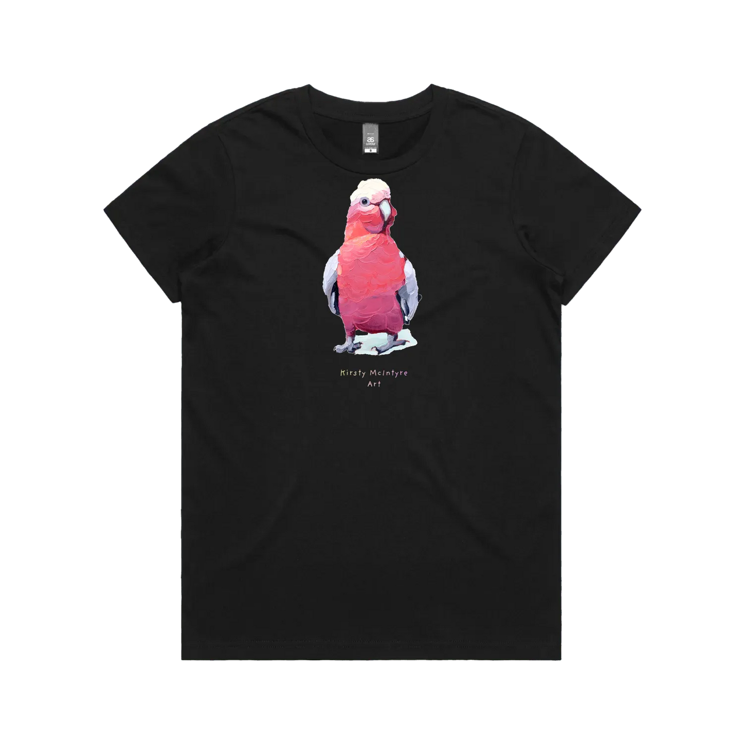 Black front flat lay featuring original  pink galah bird graphic design by Australian artist, Kirsty McIntyre