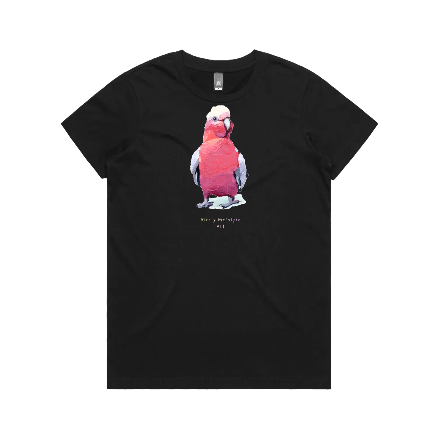 Black front flat lay featuring original  pink galah bird graphic design by Australian artist, Kirsty McIntyre