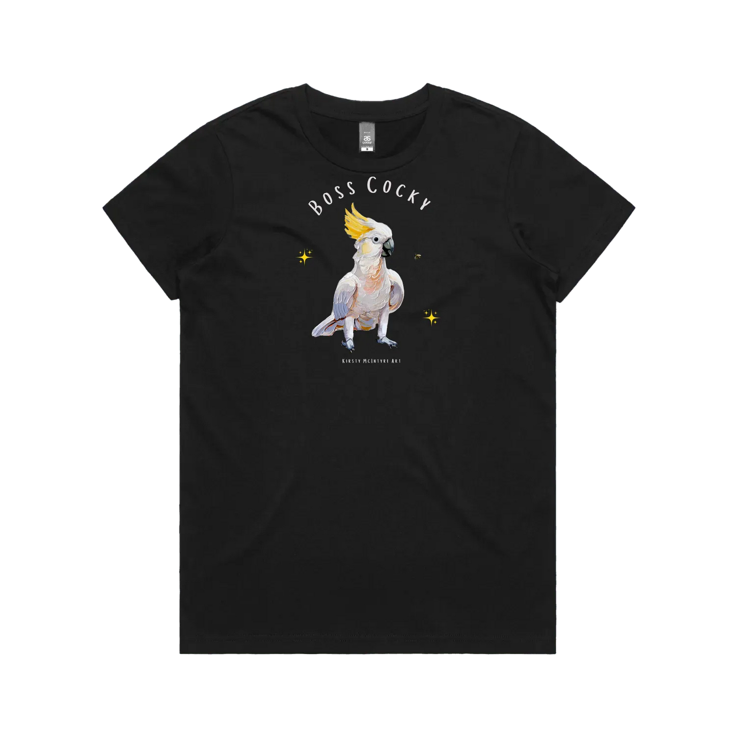 Black front flat lay featuring a beautiful graphic design of a  cockatoo bird by australian artist, Kirsty McIntyre ith text "Boss cocky"