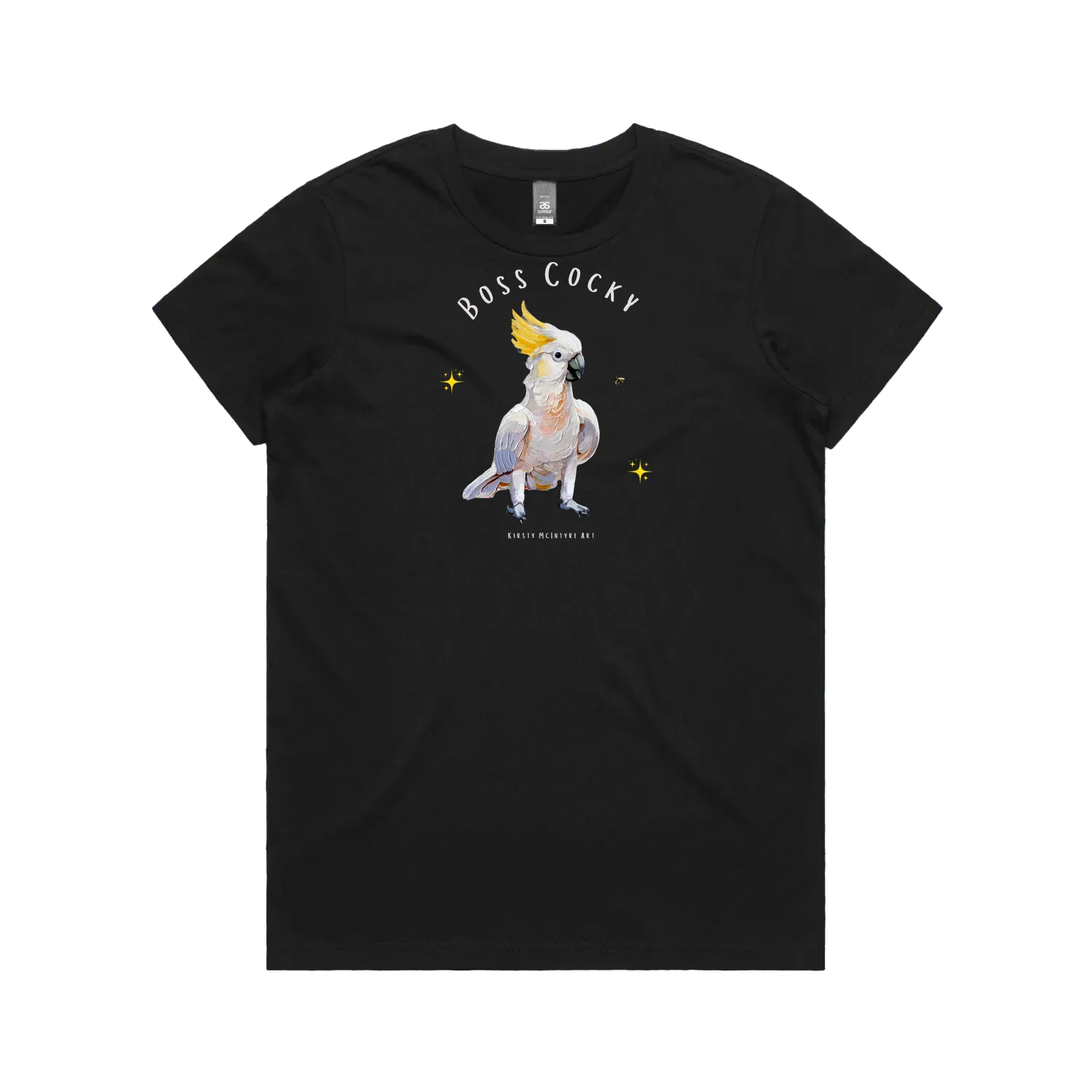 Black front flat lay featuring a beautiful graphic design of a  cockatoo bird by australian artist, Kirsty McIntyre ith text "Boss cocky"