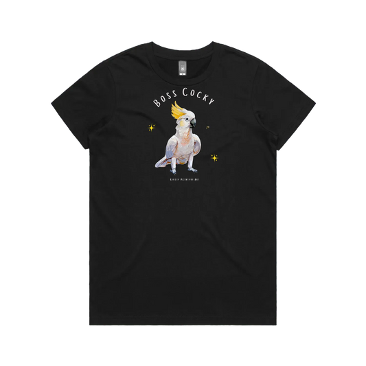 Black front flat lay featuring a beautiful graphic design of a  cockatoo bird by australian artist, Kirsty McIntyre ith text "Boss cocky"