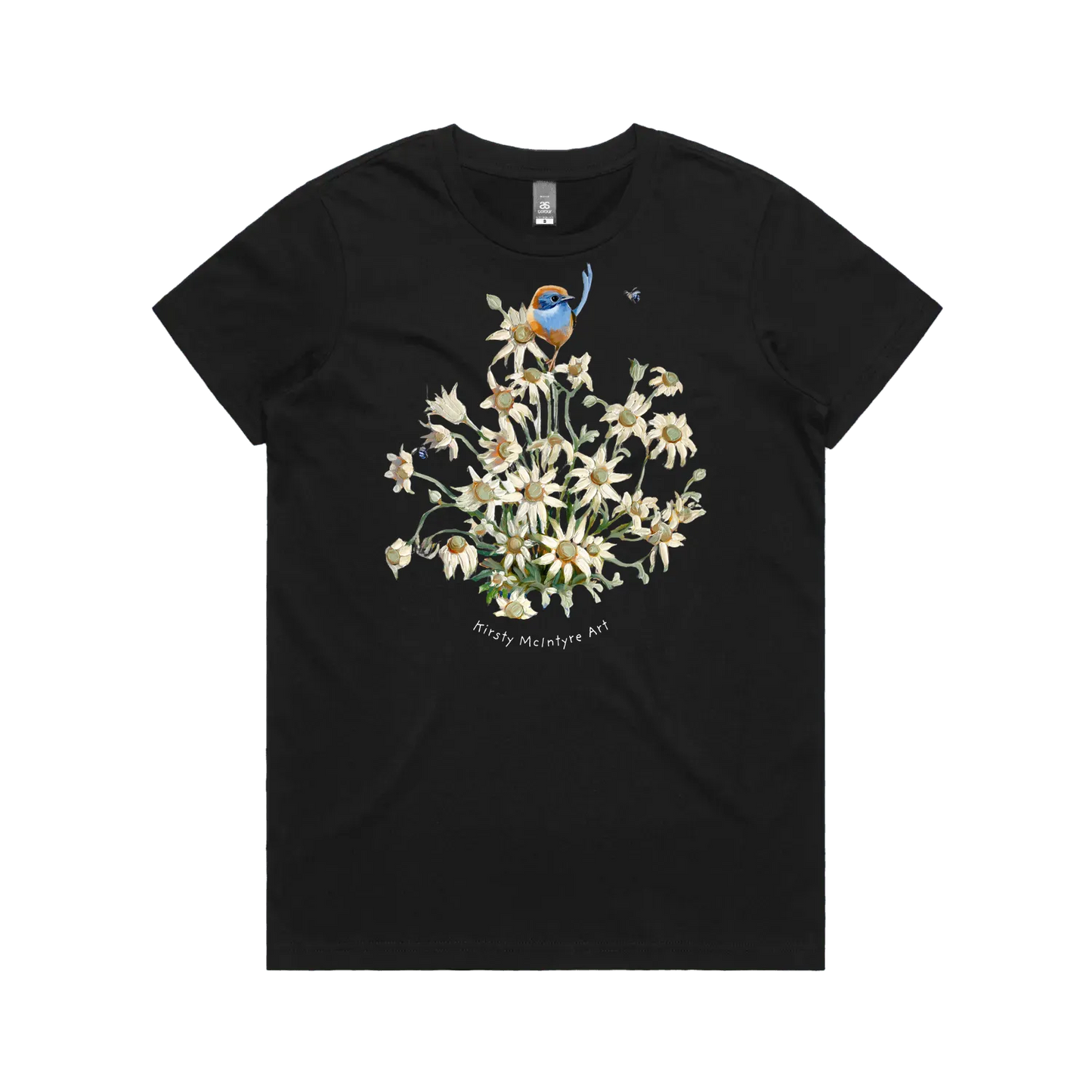 Black front flat layfeaturing original blue wren emu wren with flannel flowers design by australian bird artist, Kirsty McIntrye