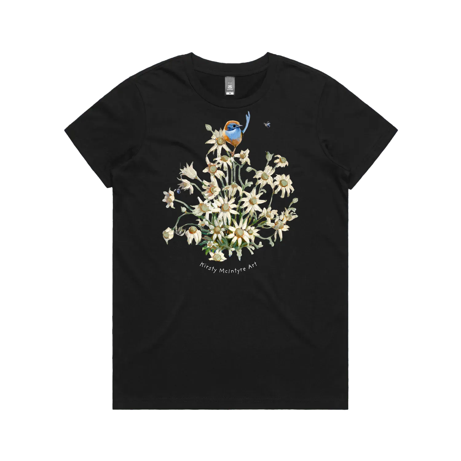 Black front flat layfeaturing original blue wren emu wren with flannel flowers design by australian bird artist, Kirsty McIntrye