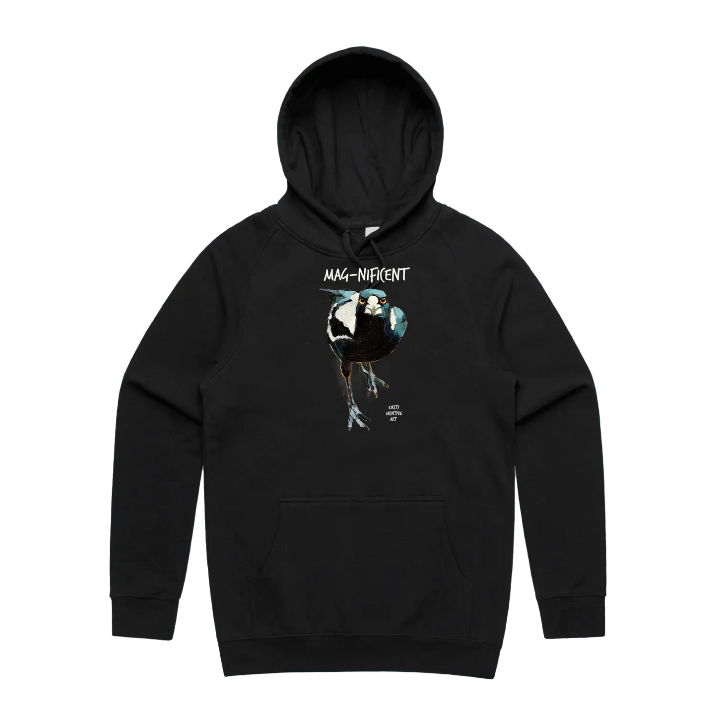 Black front flat lay of an original design by Kirsty McIntyre art, featuring a fierce australian magpie and the slogan "Mag-nificent" Most popular design