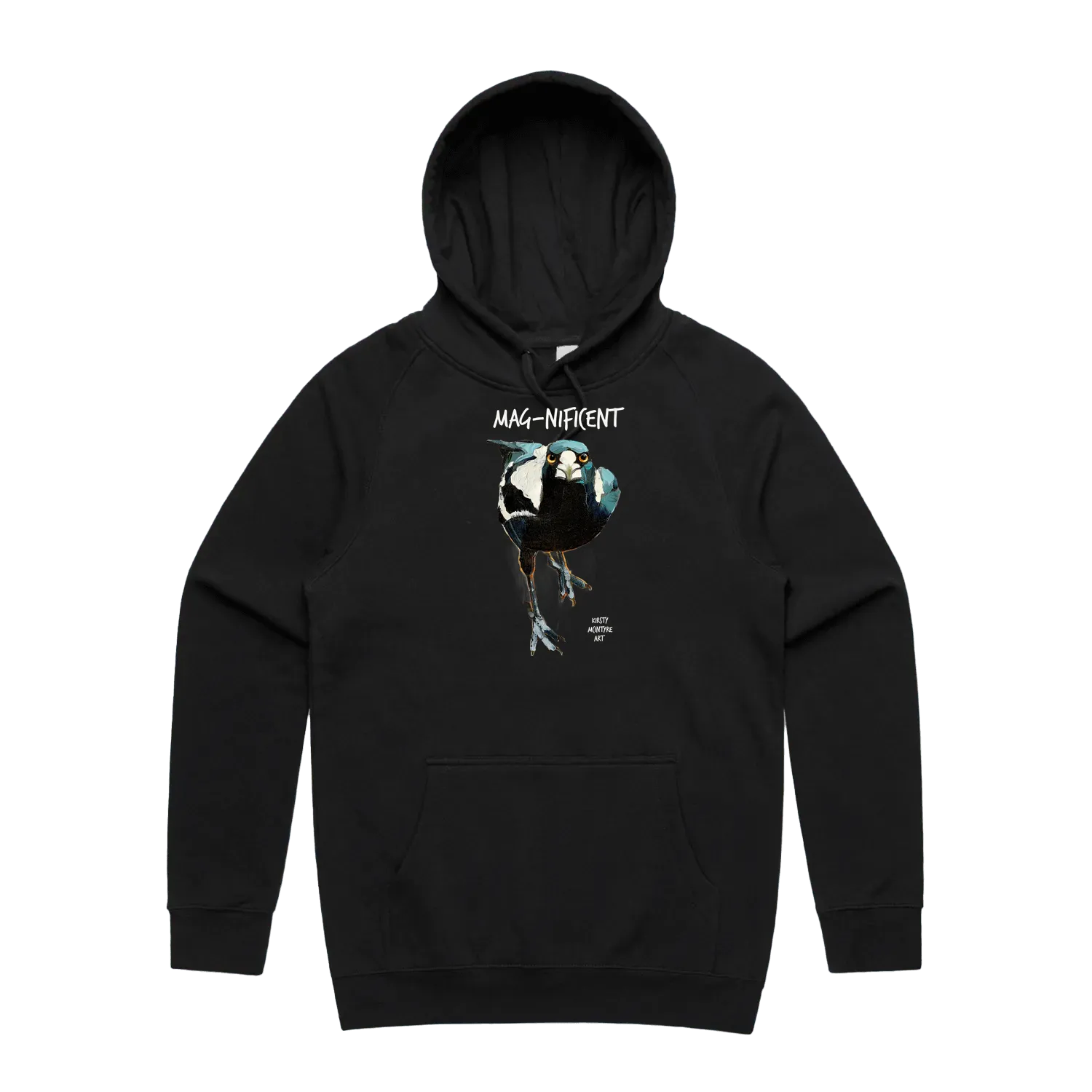 Black front flat lay of an original design by Kirsty McIntyre art, featuring a fierce australian magpie and the slogan "Mag-nificent" Most popular design