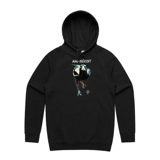 Black front flat lay of an original design by Kirsty McIntyre art, featuring a fierce australian magpie and the slogan "Mag-nificent" Most popular design