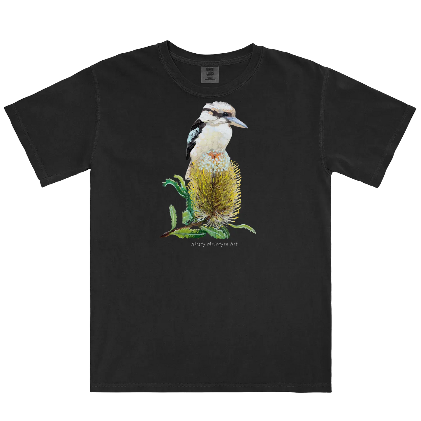 Black front flat lay featuring original australian bird artwork graphic by Kirsty Mcintyre, of a kookaburra perched on a banksia