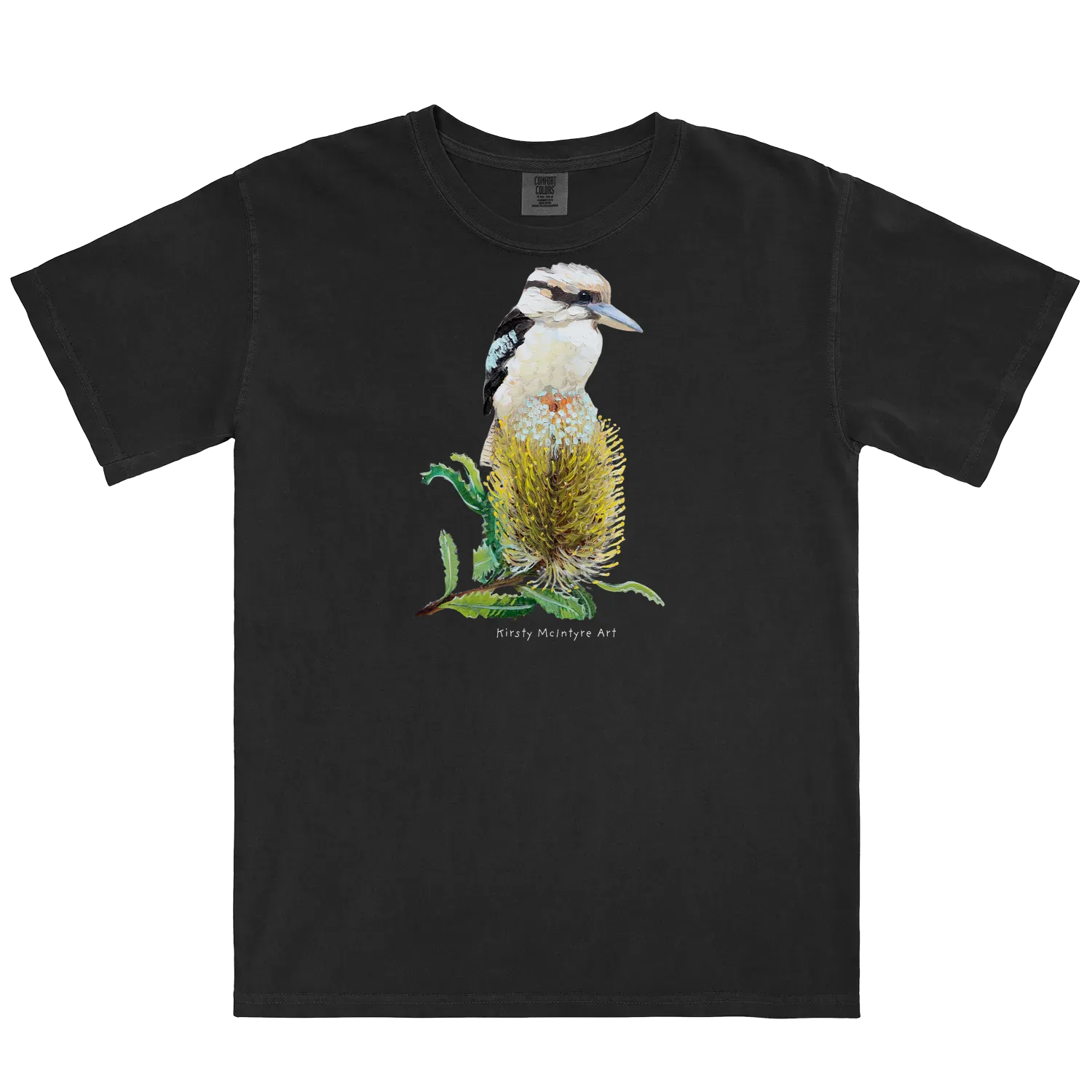 Black front flat lay featuring original australian bird artwork graphic by Kirsty Mcintyre, of a kookaburra perched on a banksia