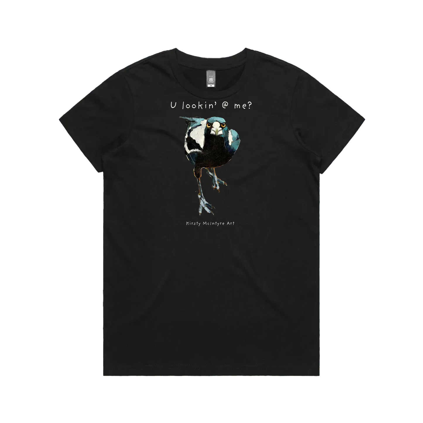 Black front flat lay featuring an original magpaie graphic by Australian bird artist, Kirsty McIntyre