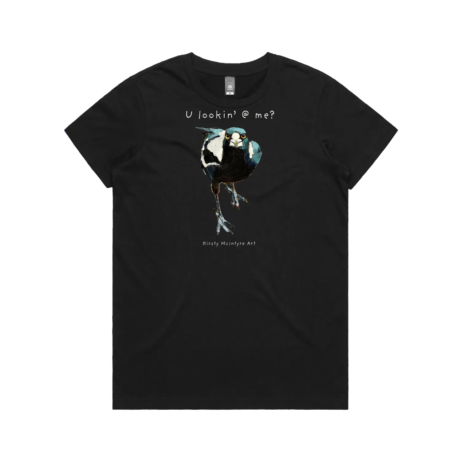 Black front flat lay featuring an original magpaie graphic by Australian bird artist, Kirsty McIntyre