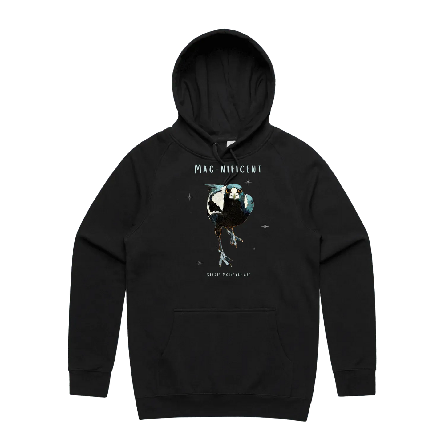 Black front flat lay featuring "Mag-nificent" magpie original design by Kirsty McIntyre Art