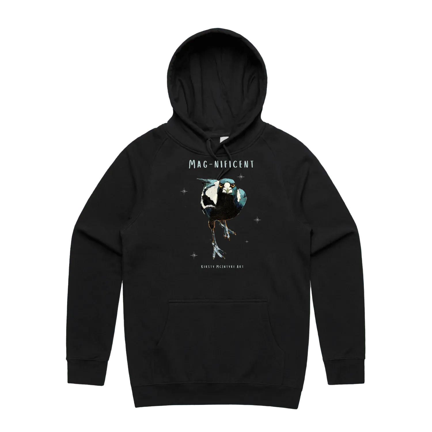 Black front flat lay featuring "Mag-nificent" magpie original design by Kirsty McIntyre Art