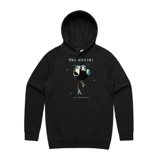 Black front flat lay featuring "Mag-nificent" magpie original design by Kirsty McIntyre Art