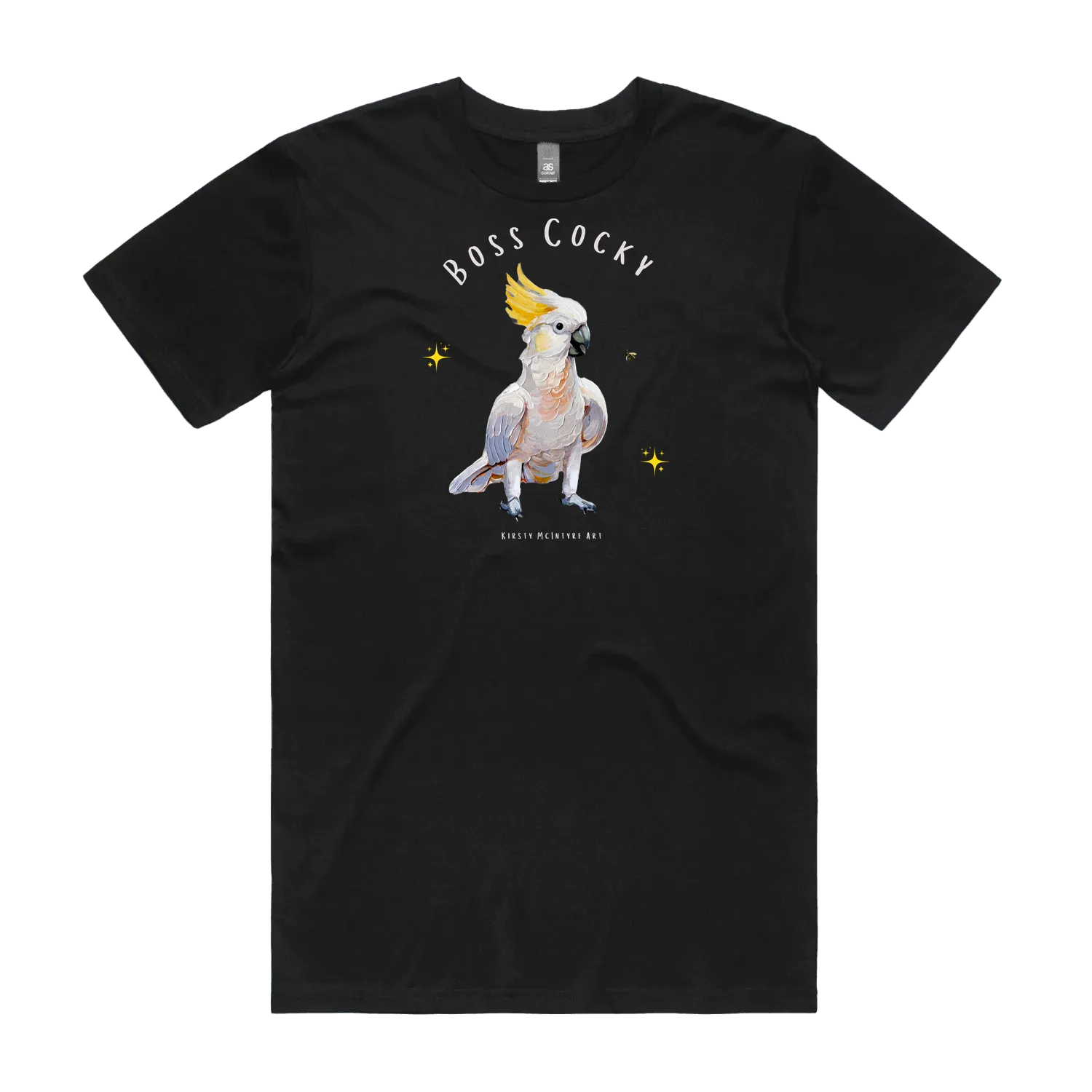 Black front flat layt-shirt with a parrot graphic and text 'Boss Cocky' Original cockatoo tshirt design by artist, Kirsty McIntyre, australian.