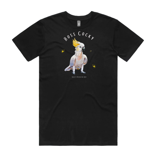 Black front flat layt-shirt with a parrot graphic and text 'Boss Cocky' Original cockatoo tshirt design by artist, Kirsty McIntyre, australian.