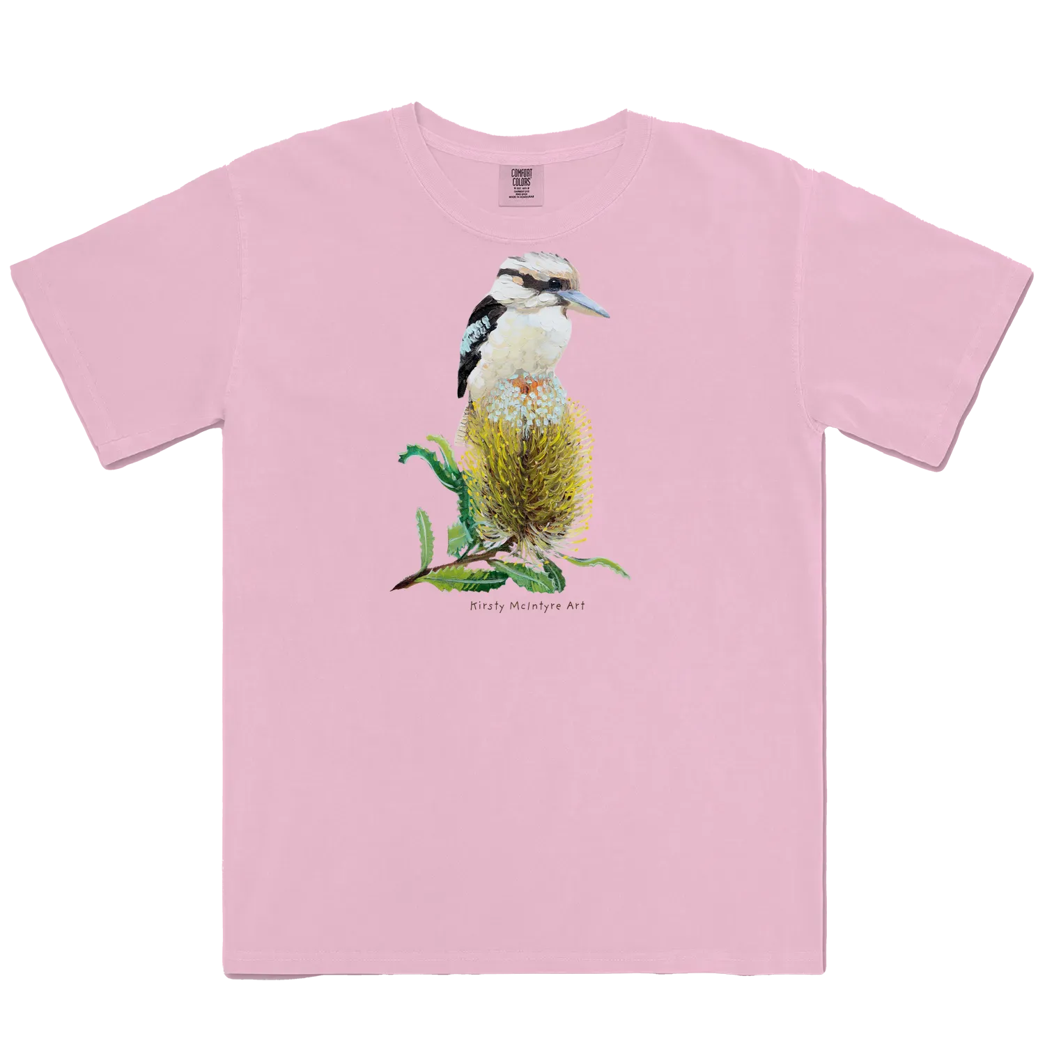 Blossom front flat layf eaturing original australian bird artwork graphic by Kirsty Mcintyre, of a kookaburra perched on a banksia